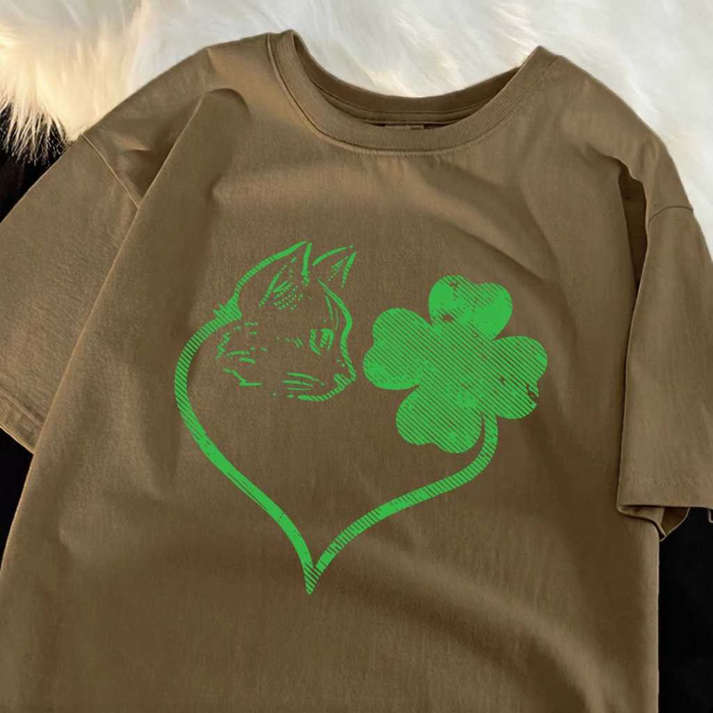 Clover Heart Cat Print Basic Simple T-Shirt Man Cotton Crewneck T Shirts Summer Oversized Clothes Breathable Sport Short Sleeve M260317