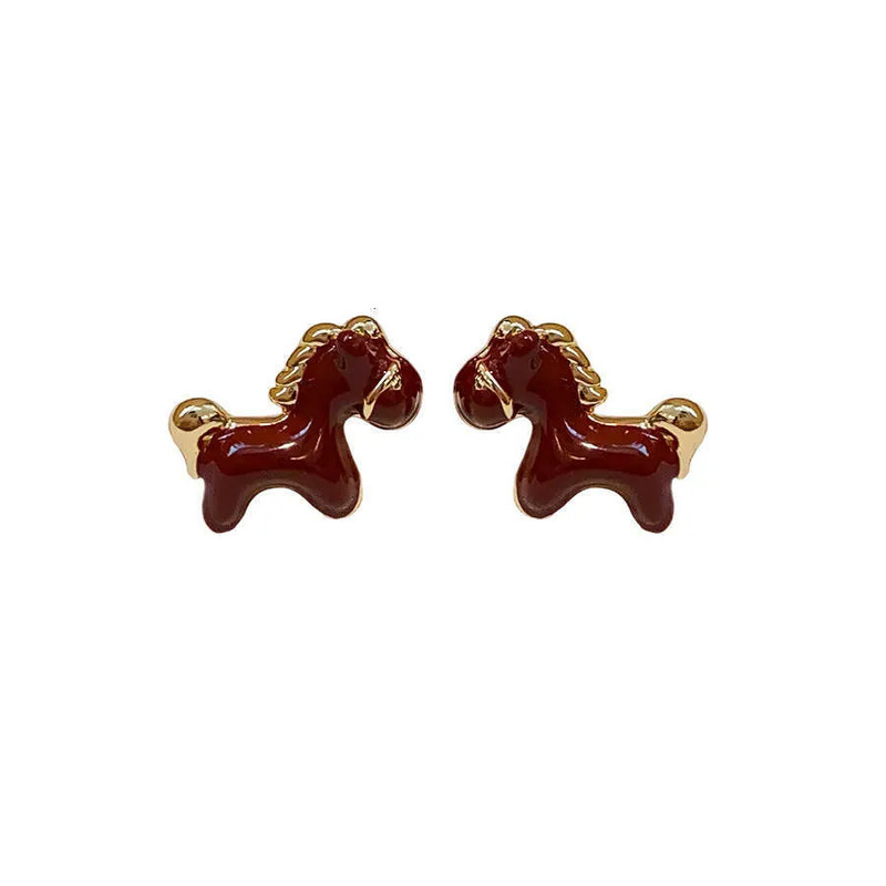 Jewelry Gold Plated Horse Red Enamel Drip Vintage Stud Earrings For Women Dainty Designer Animal Hypoallergenic Elegant Gift