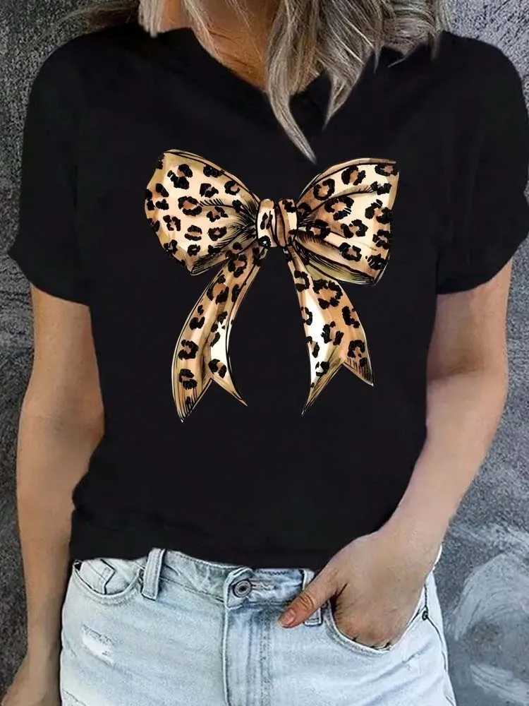 Summer New 90s Leopard Print Bow Short Sleeve Print Clothing Womens T-Shirt Harajuku Graphic Clothing Womens Top Tee M260317
