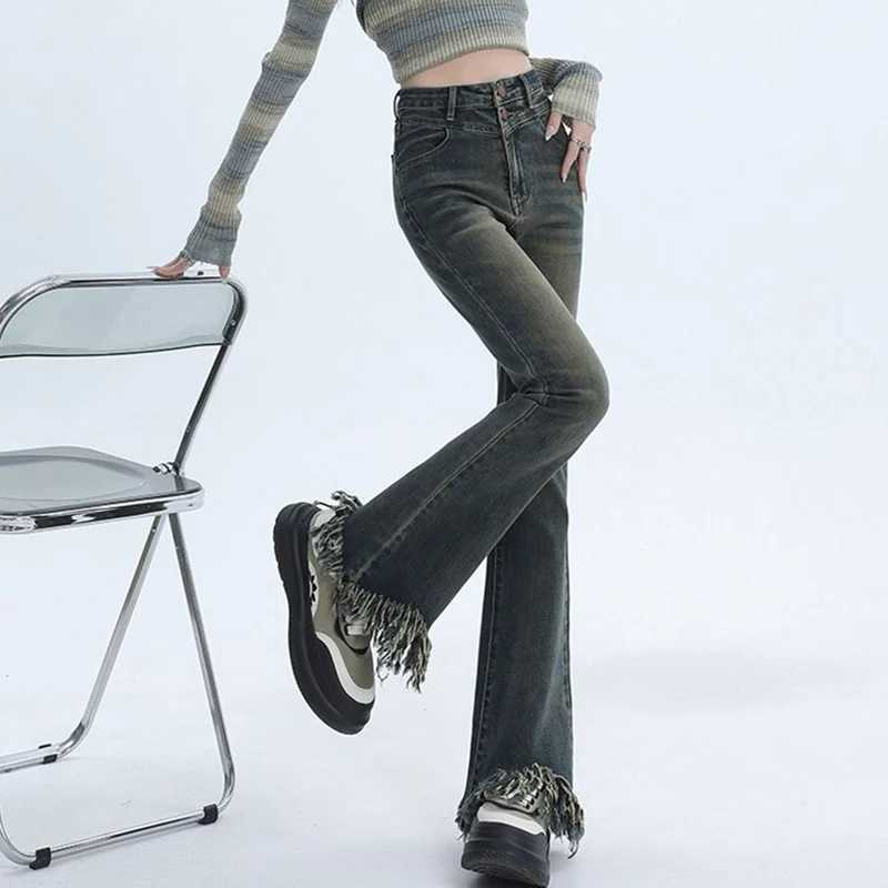 Lady Chic Ripped Designer High Waist Flared Jeans s Y2k Retro Fashion Thin Pants Female Korean Casual Denim Trousers M260317