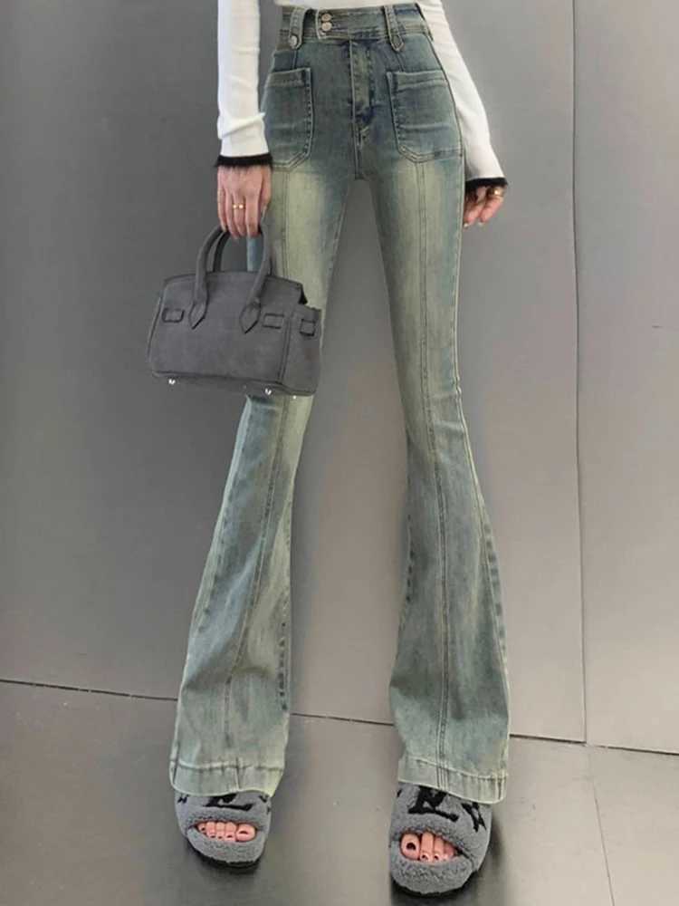 Female High Waist Elastic Micro Flared Woman Hong Kong Style Denim Bell Bottom Pants Woman Retro Blue Oversized Boot Cut Jeans M260317