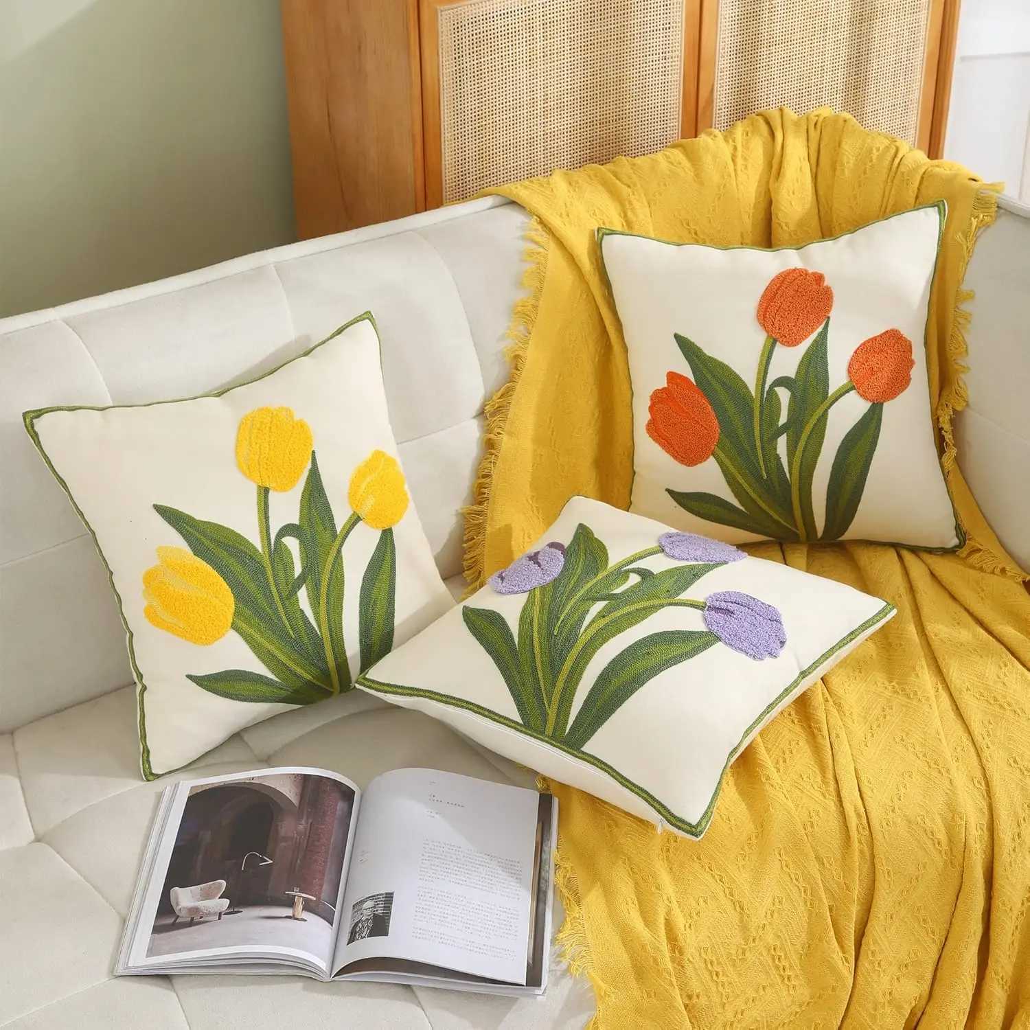 Farmhouse Tulip Cotton Tufted Throw Pillow Cover Spring Floral Embroidery Pillowcase Soft Square Cushion Case for Sofa Couch Bed D260317