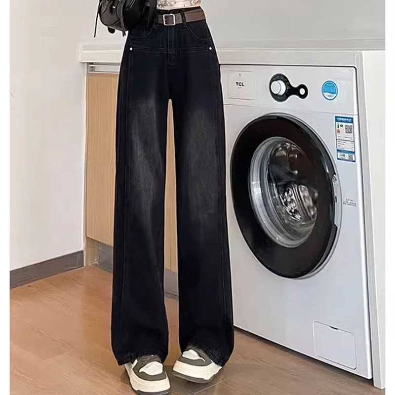 Woman New High Waist Vintage Streetwear Jeans Female Fashion Casual Loose Straight Leg Pants s Y2k Black Gray Denim Trousers M260317
