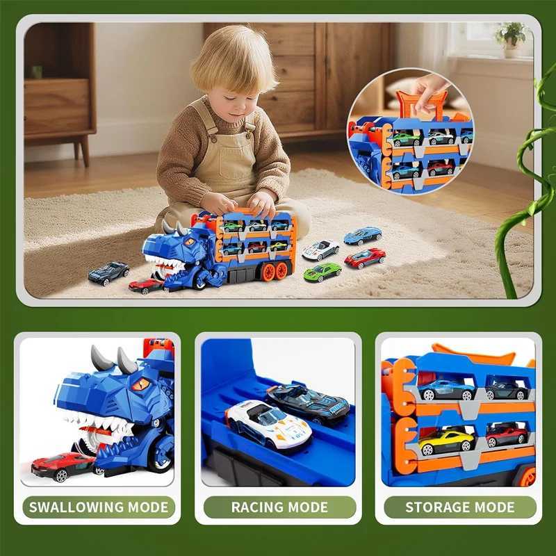 Dinosaur Transport Racing game Toy Set With 12 Molded Racing Cars Transforming Dinosaur Car With Handle Gift For Kids Aged 3-5 Y260316