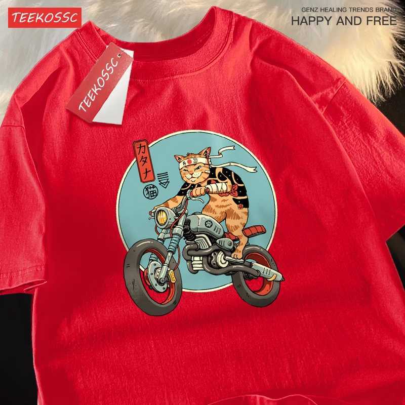 Japanese Harajuku Motorcycle Cat Tops Man Casual Oversize T Shirt Cotton Summer Casual Cartoon Crewneck Loose T Shirts Couple M260317