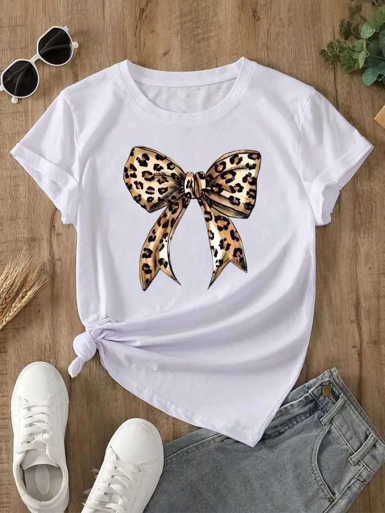 Summer New 90s Leopard Print Bow Short Sleeve Print Clothing Womens T-Shirt Harajuku Graphic Clothing Womens Top Tee M260317