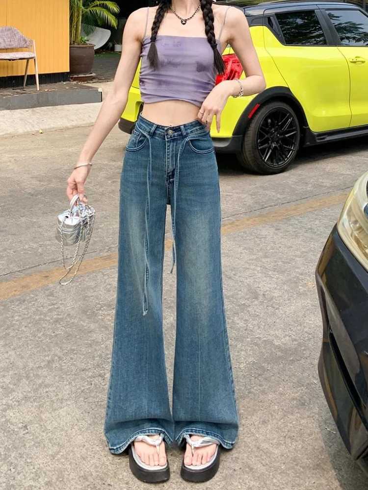 2026 Spring Summer New Womens High Quality Stretchy Jeans High Waist Drawstring Loose Floor-Length Flared PantsT260317