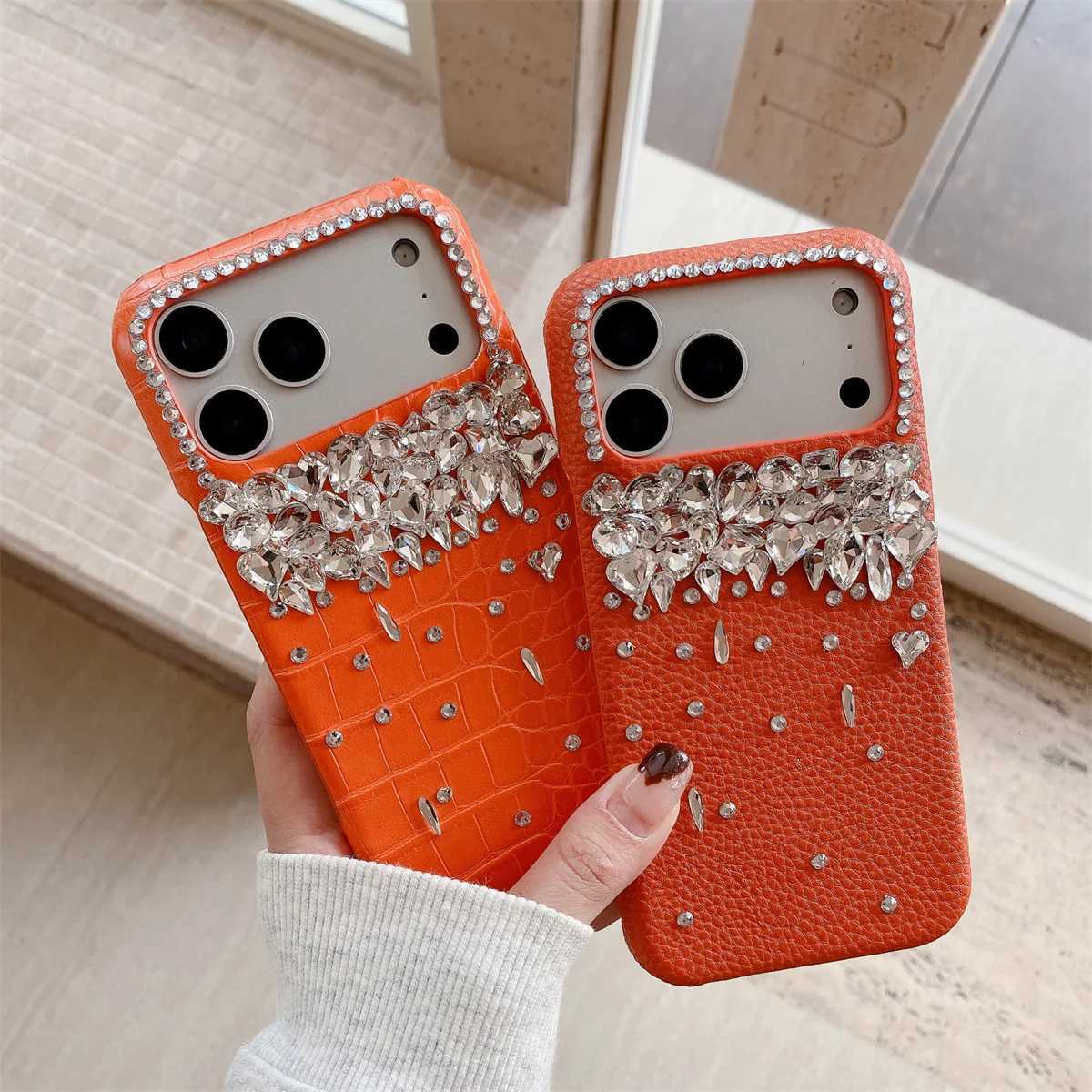 Orange Leather Glitter Diamond Phone Case for IPhone Air 17 16 Plus 12 13 14 15 Pro Max Luxury Bling Rhinestone Protective Cover C260314