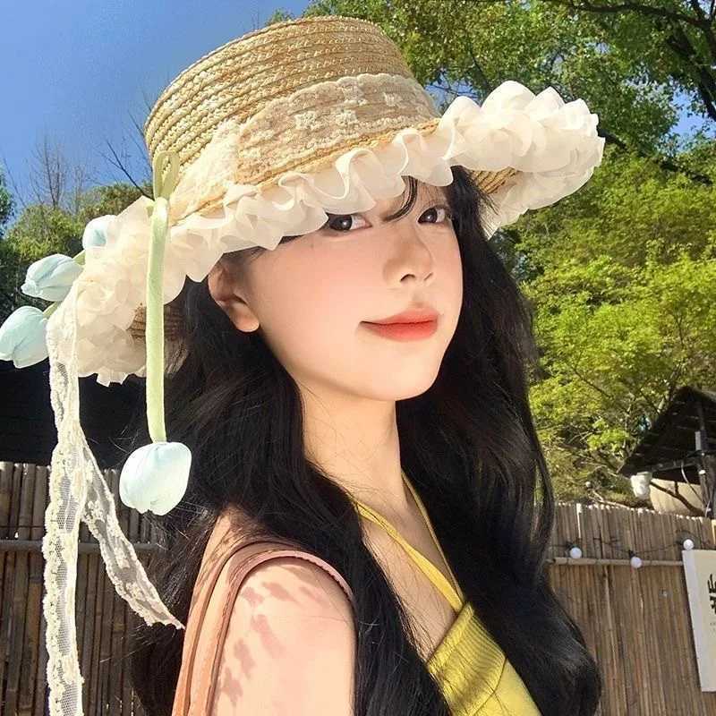 Womens Sun Protection Hats Tulip Bow Sweet Kawaii Fashionable Countryside Style Grass Hats Beach Ribbon Woven Grass Sun Hats H260317 - view 3