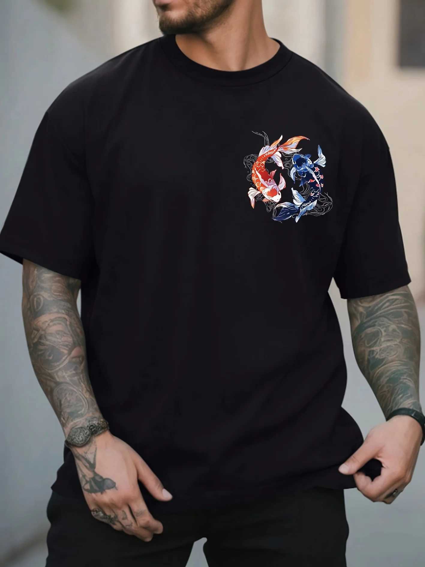 Koi Printed Pattern T-shirt Mens Loose and Comfortable Pure Cotton Round Neck Short Sleeve Fashion Casual Trend Mens Clothing M260317