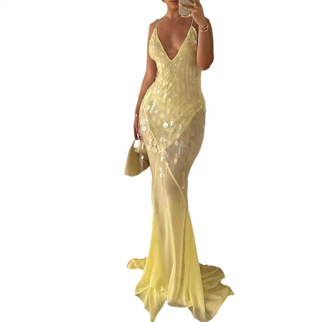 Holiday Sequin Lace See Through Long Dress Women Patchwork Sleeveless V-neck Lace Up Backless Party Dresses Yellow Robe 250604