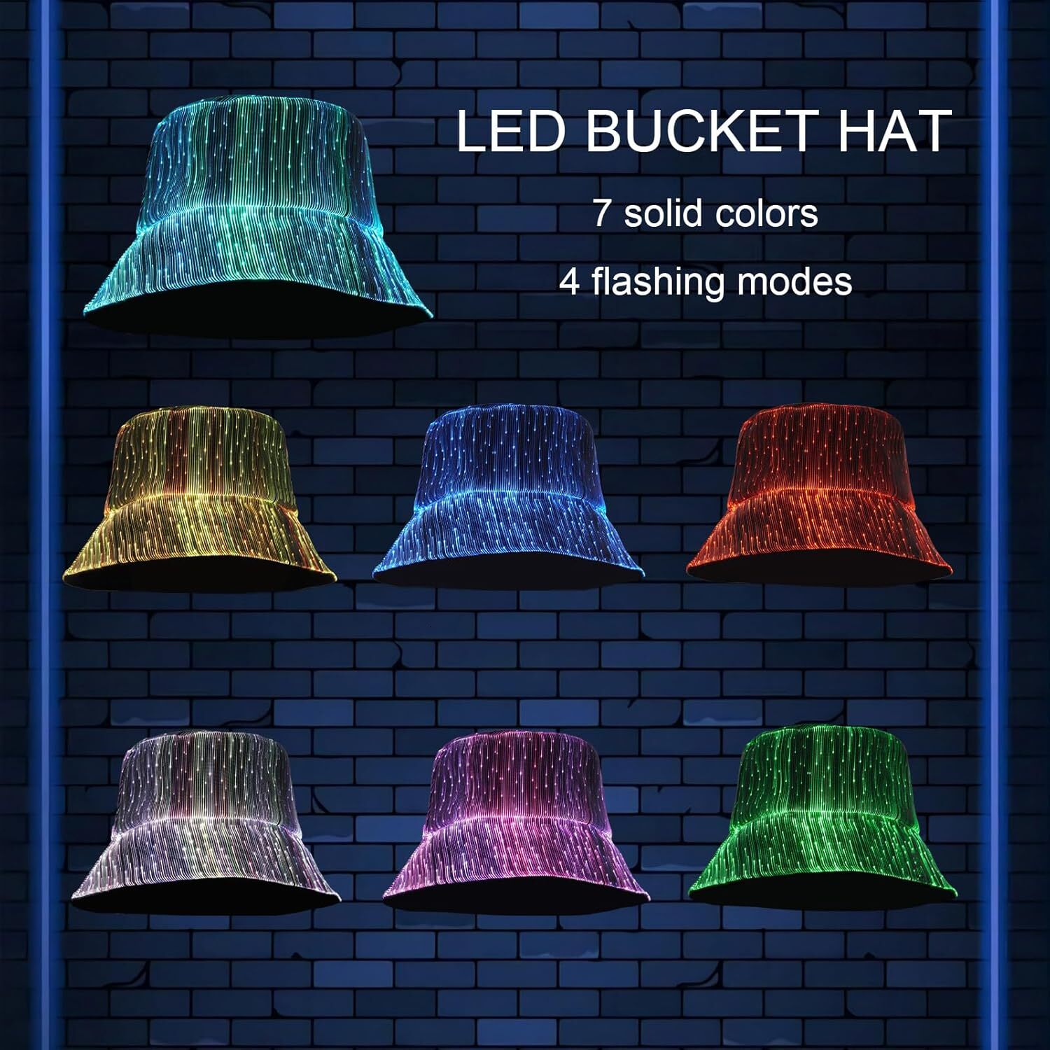 LED Rave Bucket Hat Light up Fisherman Cap 7 Colors Glow in the Dark Party Hats USB Rechargeable EDM Festival Gear