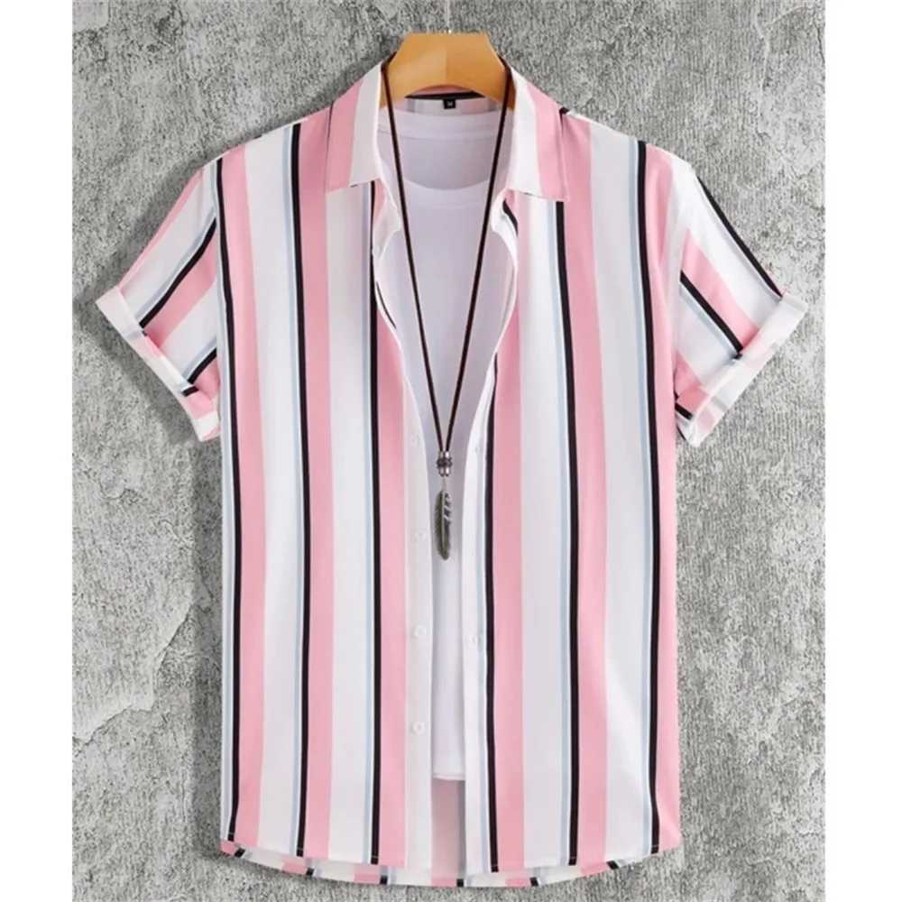 Summer Fashion 3D Print Striped Mens Shirts Basic GraphicsButton Short Sleeve Lapel Streetwear Hawaiian Blouse Shirts for Men M260317