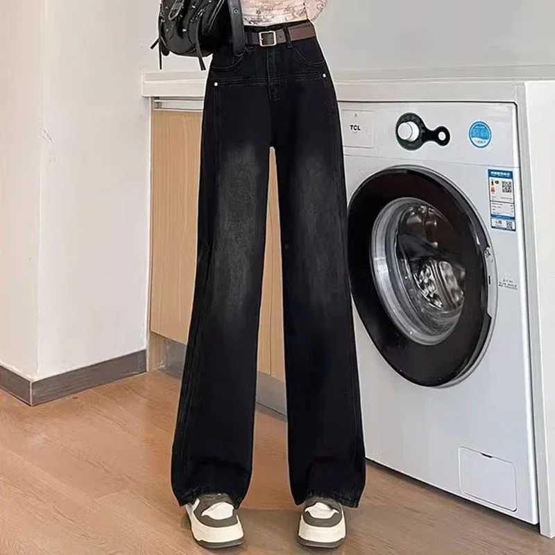 Woman New High Waist Vintage Streetwear Jeans Female Fashion Casual Loose Straight Leg Pants s Y2k Black Gray Denim Trousers M260317