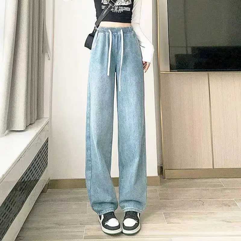 Spring Autumn New Fashion Elastic Waist Drawstring Solid Jeans Womens Clothing Pocket Korean All-match Trend Chic Straight PantT260317