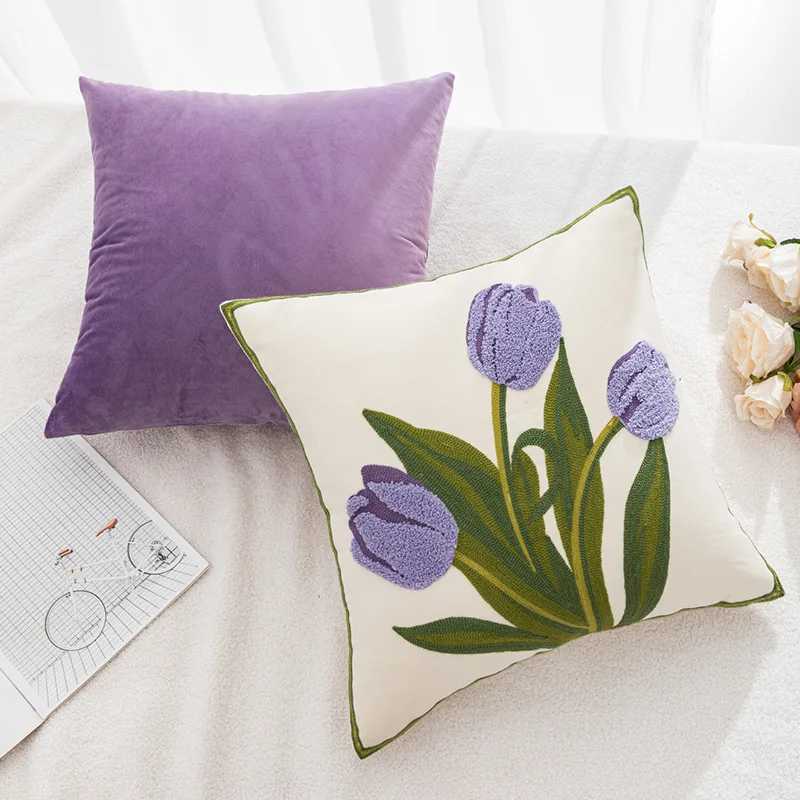 Farmhouse Tulip Cotton Tufted Throw Pillow Cover Spring Floral Embroidery Pillowcase Soft Square Cushion Case for Sofa Couch Bed D260317