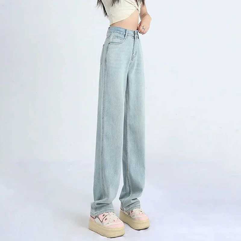 Female Light Blue High Waisted Jeans Pants Women Slim Fit Denim Long Pants s Narrow Straight Leg Jeans Trousers M260317