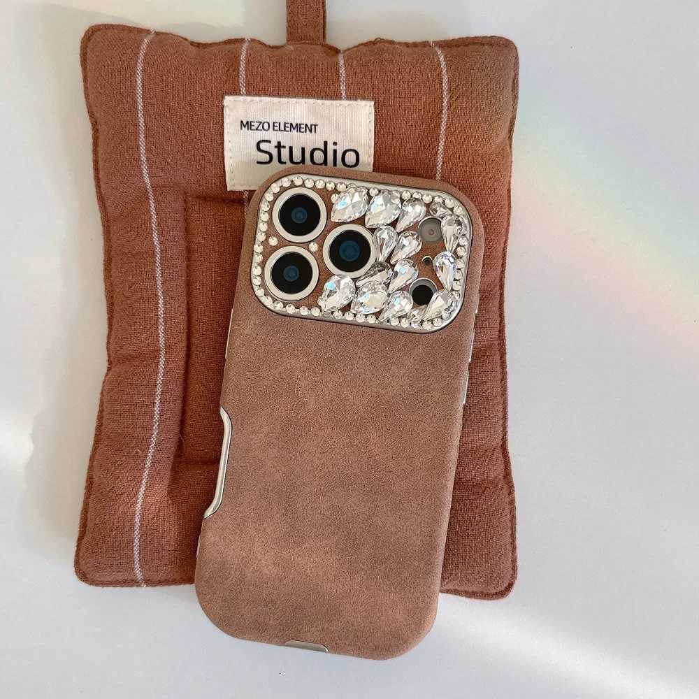 Luxury Leather Solid Color Phone Case For iPhone 17 16 15 14 Plus 13 Pro Max Rhinestone Lens Shockproof Protective Back Cover C260314