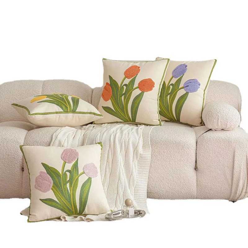 Farmhouse Tulip Cotton Tufted Throw Pillow Cover Spring Floral Embroidery Pillowcase Soft Square Cushion Case for Sofa Couch Bed D260317