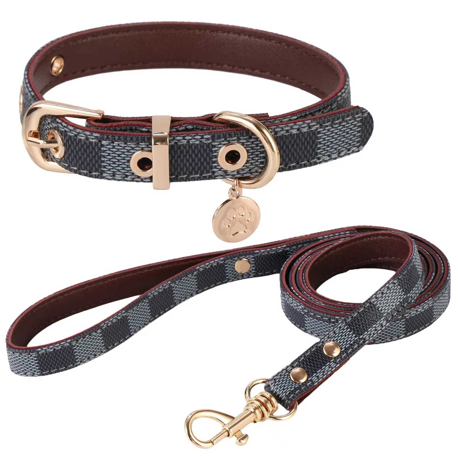 Dog Collars Leashes Leather Collar and Leash Set Adjustable Basic Check Pattern Durable Harness with Metal Buckle SuitablT260314 - view 4