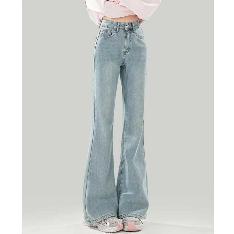Female Streetwear Retro Low Waist Jeans Lady Fashion Thin Bell Bottom Pants Women Korean Loose Fit Denim Trousers M260317