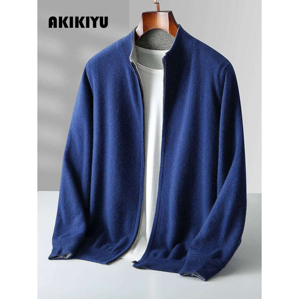 New Luxury Men Zipper Cardigan Cashmere Sweater Autumn Winter Thick Smart Casual 100% Merino Wool Knitwear Double Sided Wearable AKIKIYU