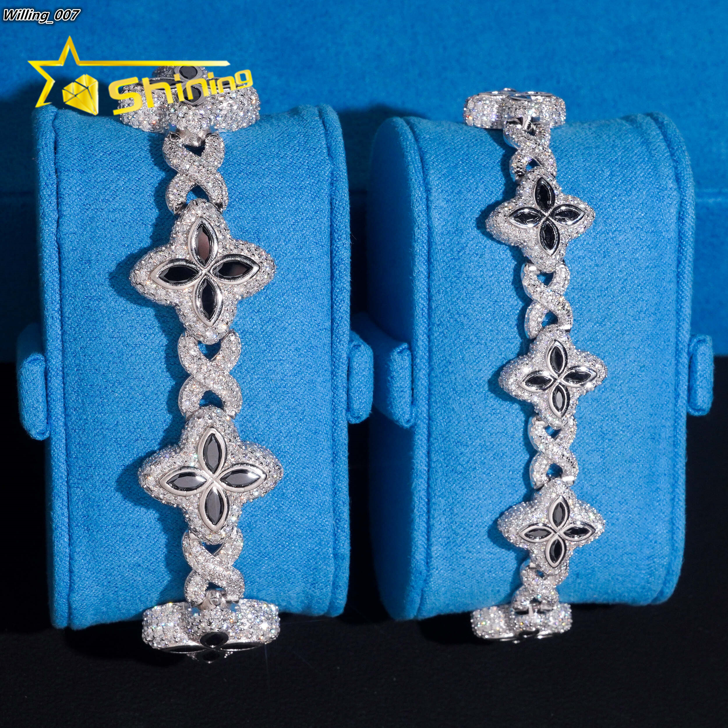 Hot Sale 15mm 18mm Black Color Moissanite Clover Bracelet Hip Hop Jewelry 925 Silver Iced Out Infinity Moissanite Cuban Bracelet