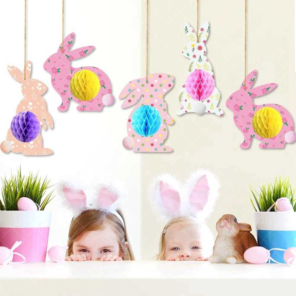 4pcs Easter Colorful Bunny Hanging Pendant Easter Rabbit shape Hanging Honeycomb Paper Ball Ornament Easter Spring party decor H260316