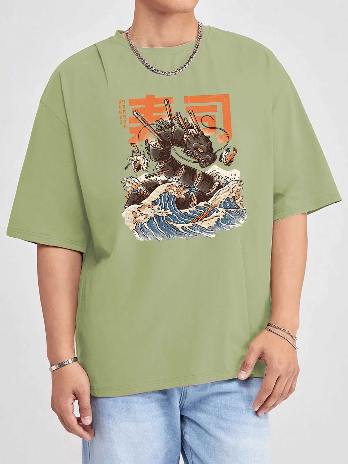 Creative Wave Dragon Sushi Tops ManS Summer BreaTHable Tee Shirts Cool Japan Style Short Sleeve Cotton Basics T-Shirt M260317