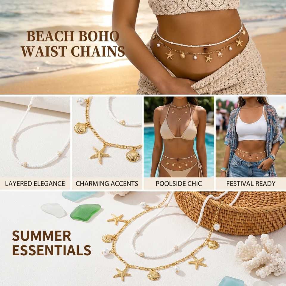 Summer Beach Layered Beads Waist Chain for Women Boho Starfish Pearl Shell Charms Sexy Bikini Belly Body Chains Vacation Jewelry H260316 - view 6