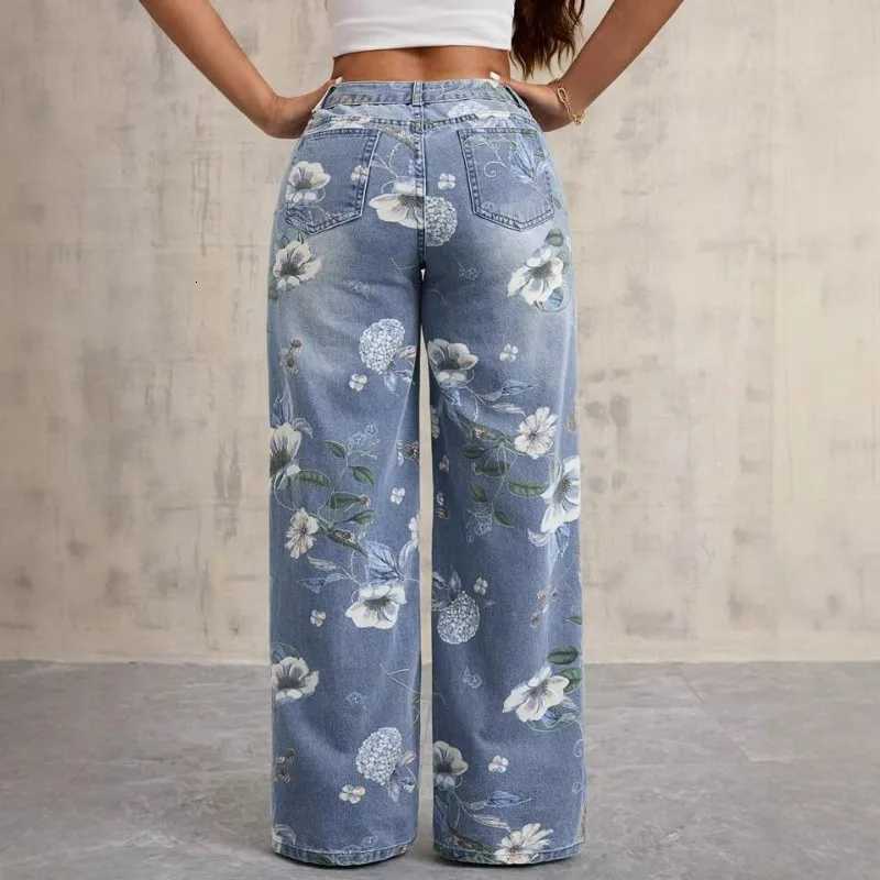 Baggy Pants High Waisted Jeans Womens Gothic Style Mid-Waist Printed American Loose Versatile Design Denim JeansT260317