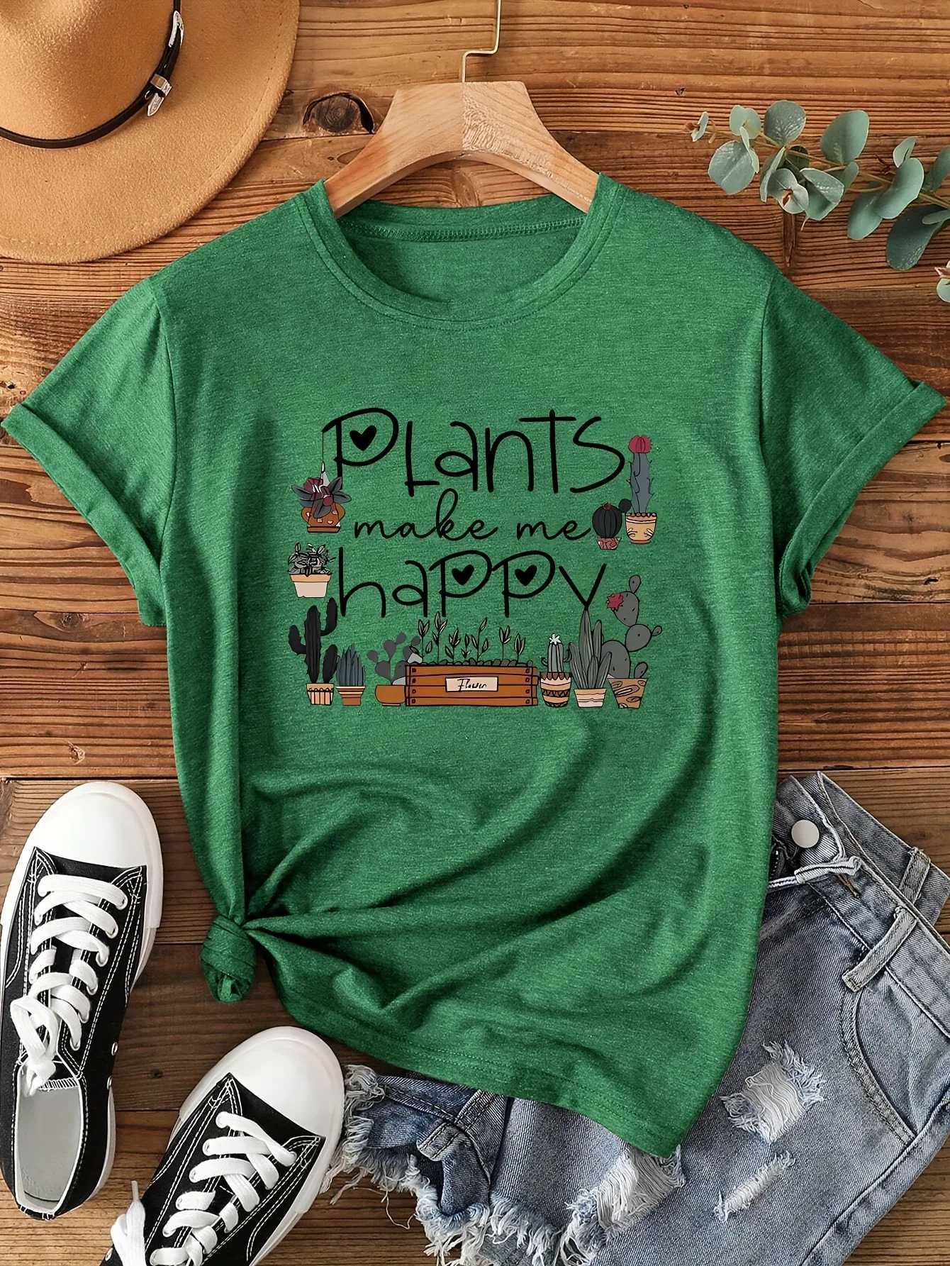 Plants Make Me Happy Womens Tee - Cute Plant Lover Graphic Casual Green Top M260317