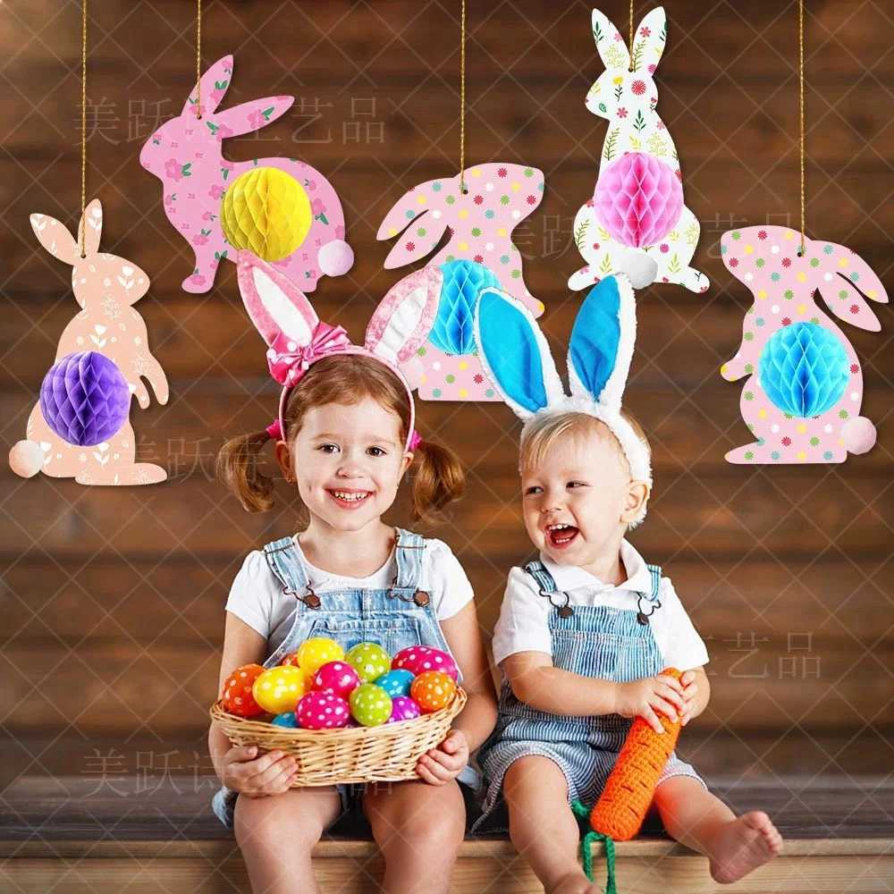4pcs Easter Colorful Bunny Hanging Pendant Easter Rabbit shape Hanging Honeycomb Paper Ball Ornament Easter Spring party decor H260316