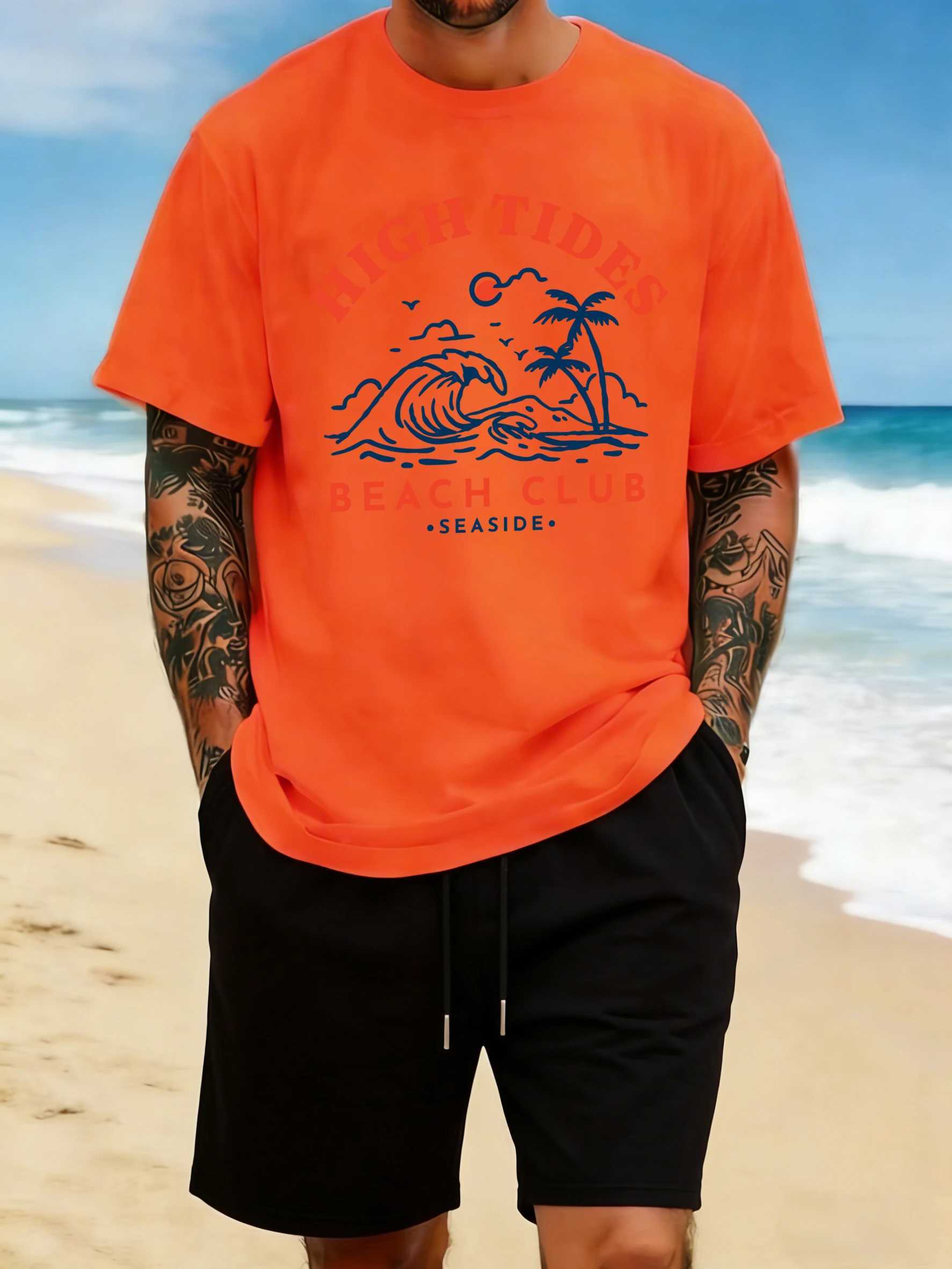 High Tides Beach Club Seaside Prints T-Shirt Men Summer Cotton T Shirts Loose Crewneck Sportswear Comfy Hip Hop Short Sleeve M260317