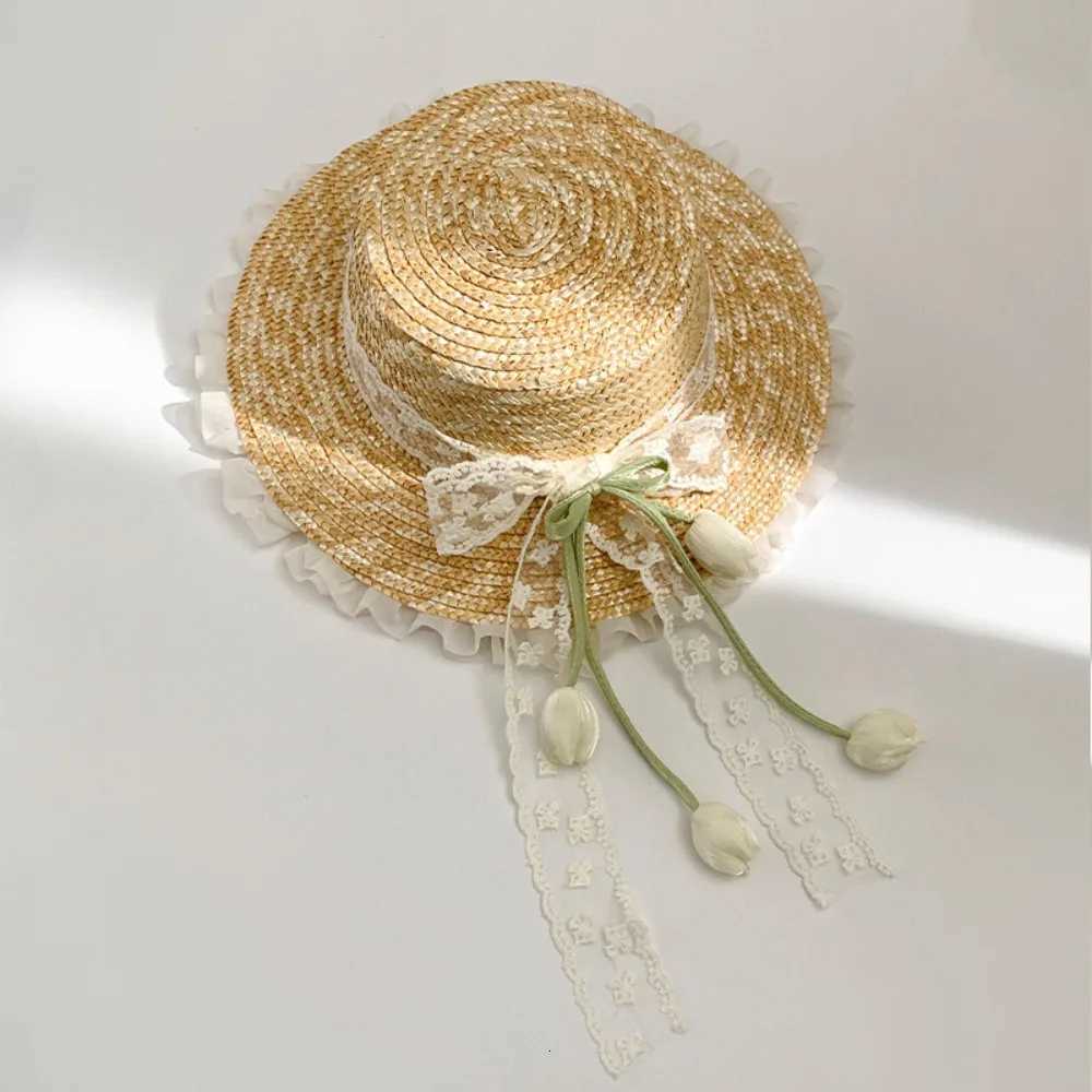 Lightweight Sunscreen Lace Bow Straw Hat Flower Wide Brim Outing in Spring Tulip Hat Boho Weave Summer Beach Sun Hat Outdoor H260317 - view 6
