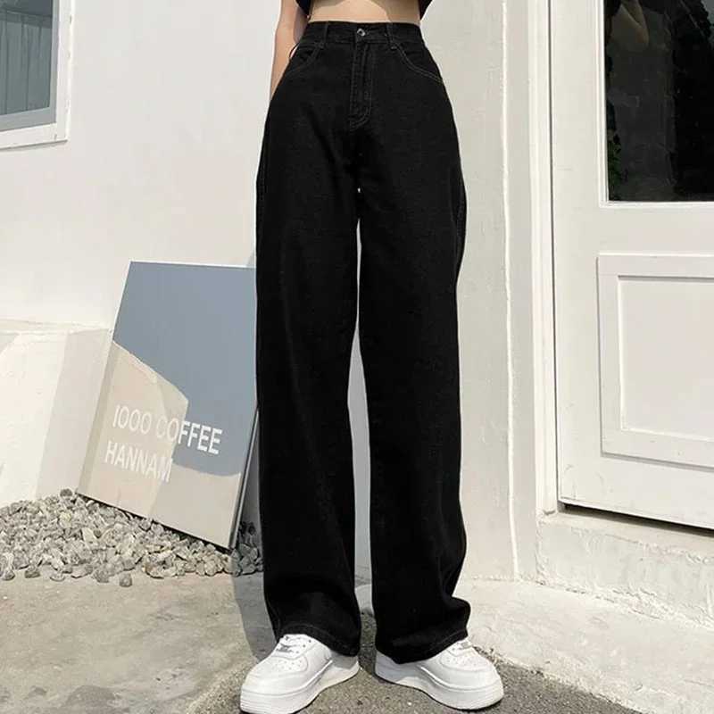 Woman High Waist Vintage Punk Wide Leg Jeans Female Wild Streetwear Straight Leg Pants s Fashion Beige Black Denim Trousers M260317