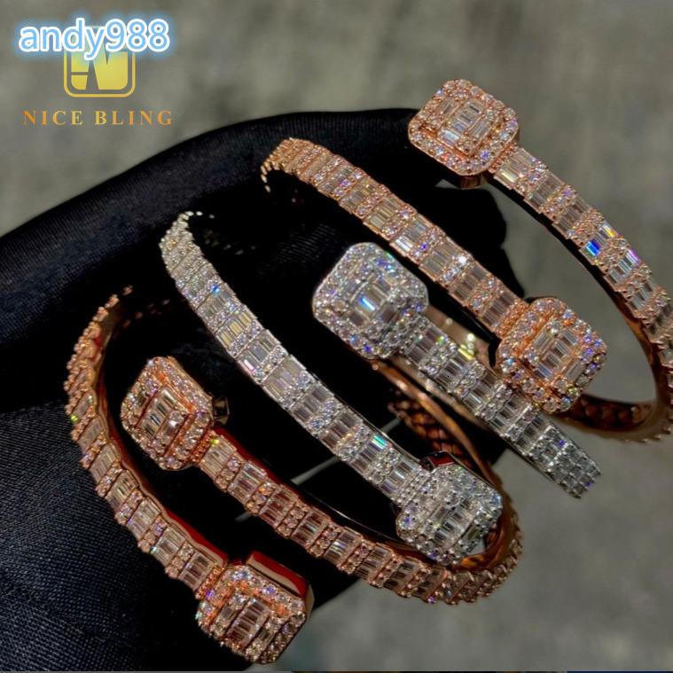Fashion Iced Out Hip Hop Jewelry Bangle VVS Baguette Moissanite Diamond Cuban Link Chain 925 Sterling Silver Bangle Bracelet