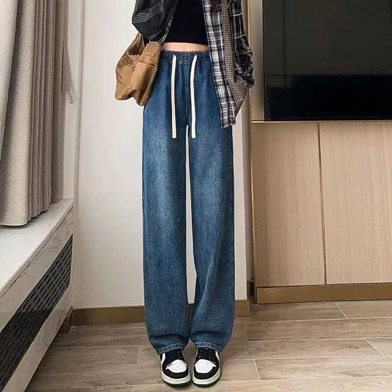 Spring Autumn New Fashion Elastic Waist Drawstring Solid Jeans Womens Clothing Pocket Korean All-match Trend Chic Straight PantT260317