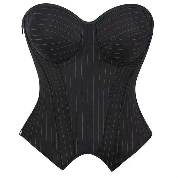 Black Striped Zipper Overbust Corset and Bustier Shapewear Top for Women Office Lady Corselet H260316