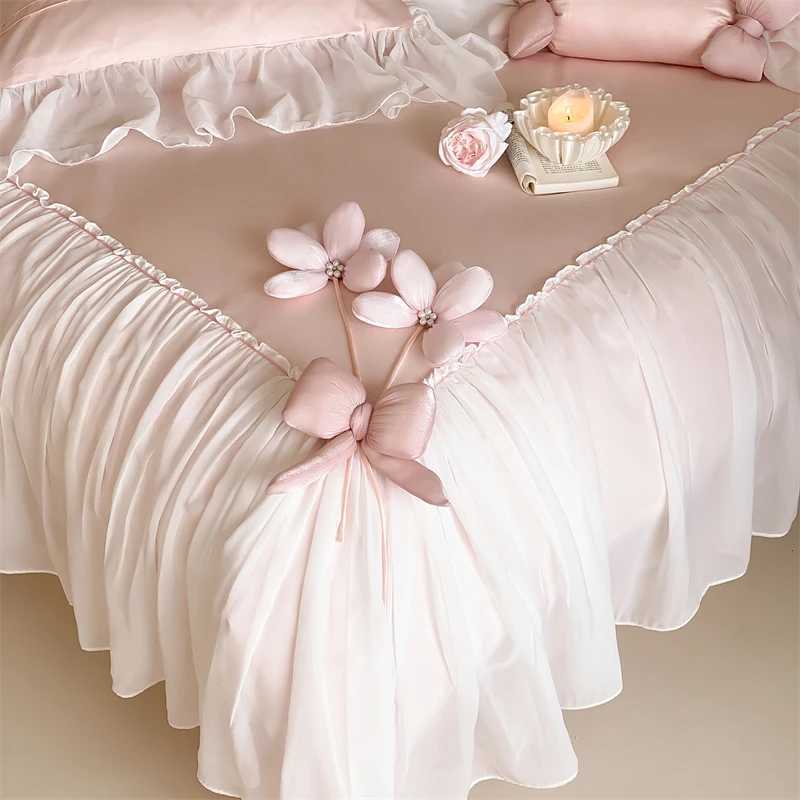 Flowers Bow Lace Ruffles Princess Wedding Bedding Set 1000TC Egyptian Cotton Duvet Cover Flat/Fitted Bed Sheet Pillowcases 4Pcs D260317