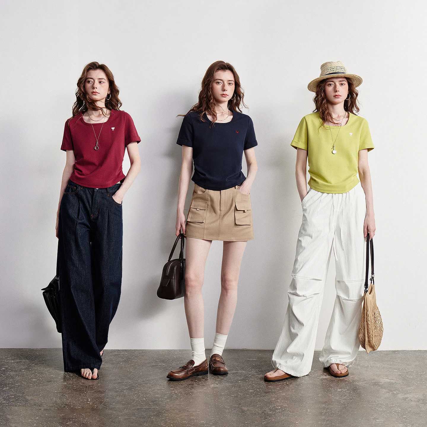 TOYOUTH Women T-shirt 2026 Summer New Breathable Bead Floor Short Fit Waist Cinched Square Neck American Top M260317