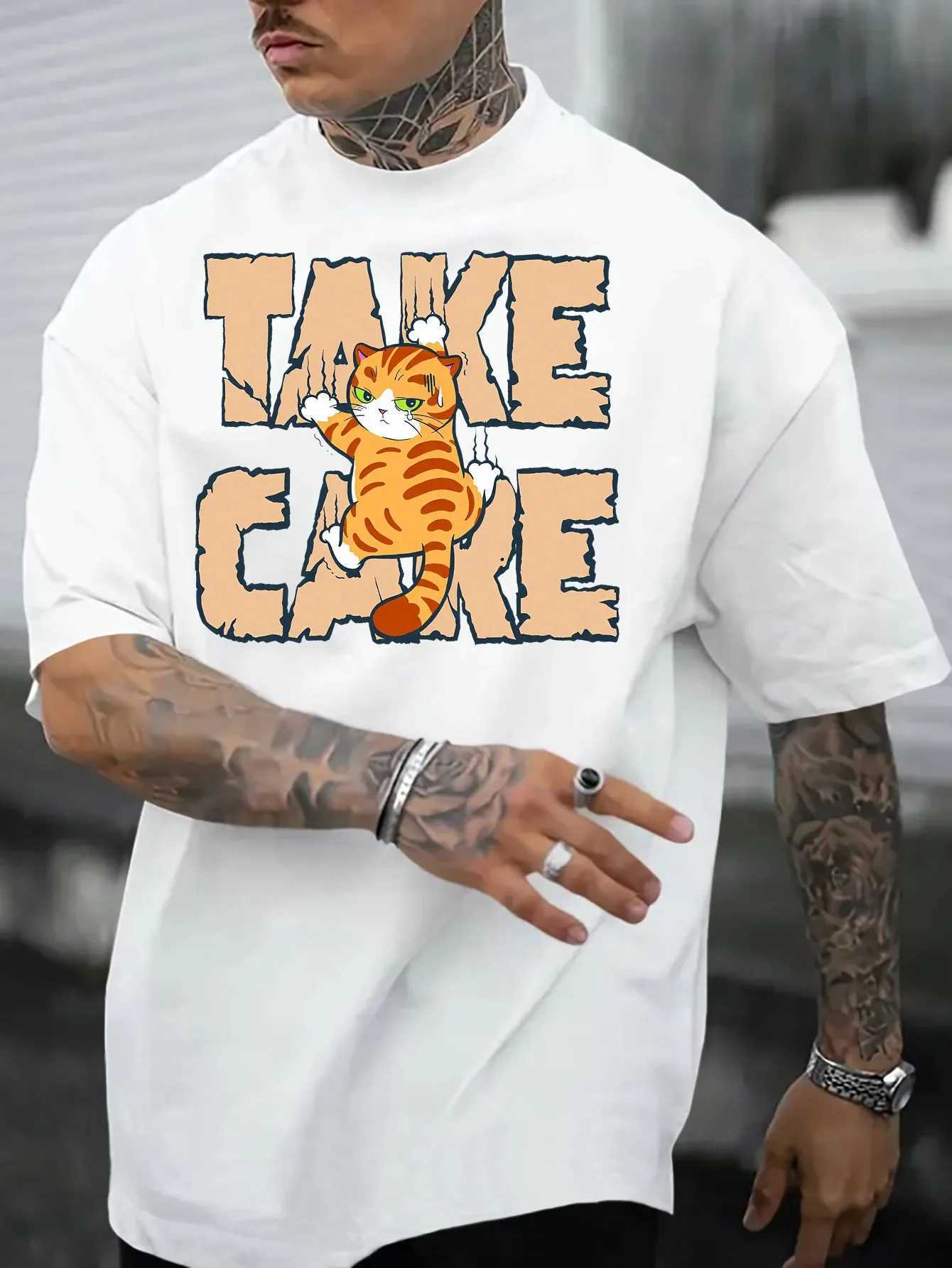 Men Fashionable Summer T-shirt with Orange Cat Pattern Trendy and Versatile Suitable Casual Daily Wear 100 Pure Cotton Material M260317