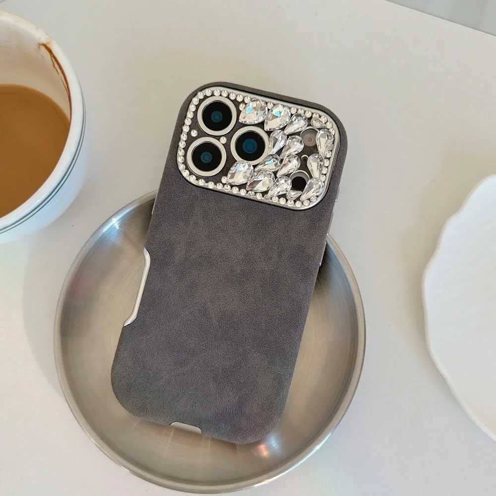 Luxury Leather Solid Color Phone Case For iPhone 17 16 15 14 Plus 13 Pro Max Rhinestone Lens Shockproof Protective Back Cover C260314