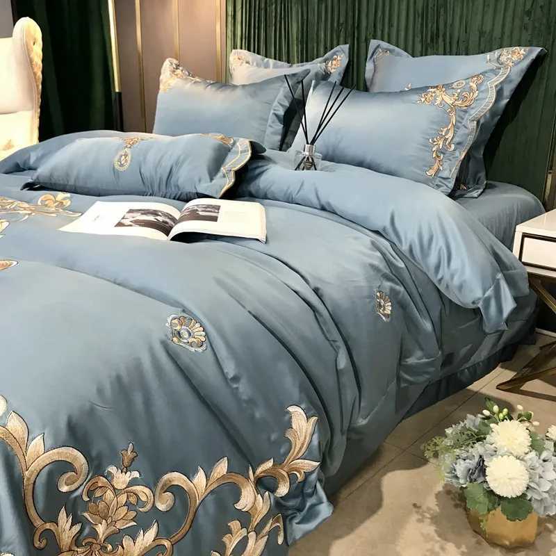 European style Egyptian 100 Cotton Bedding Set Golden Embroidery Home Textiles Duvet Sheet Pillowcases Set Full King Queen Size D260317