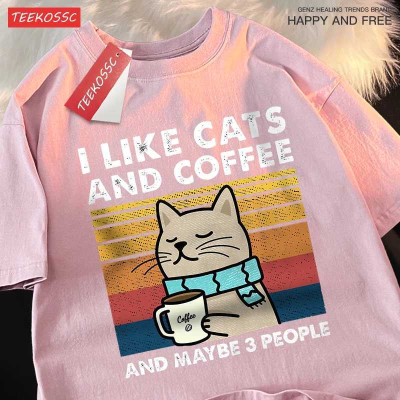 I Like Cats And Coffee Men Women T-Shirt Cotton Tee Clothes Hip Hop Loose Tshirt Fashion Crewneck T-Shirt Streetwear Couple M260317