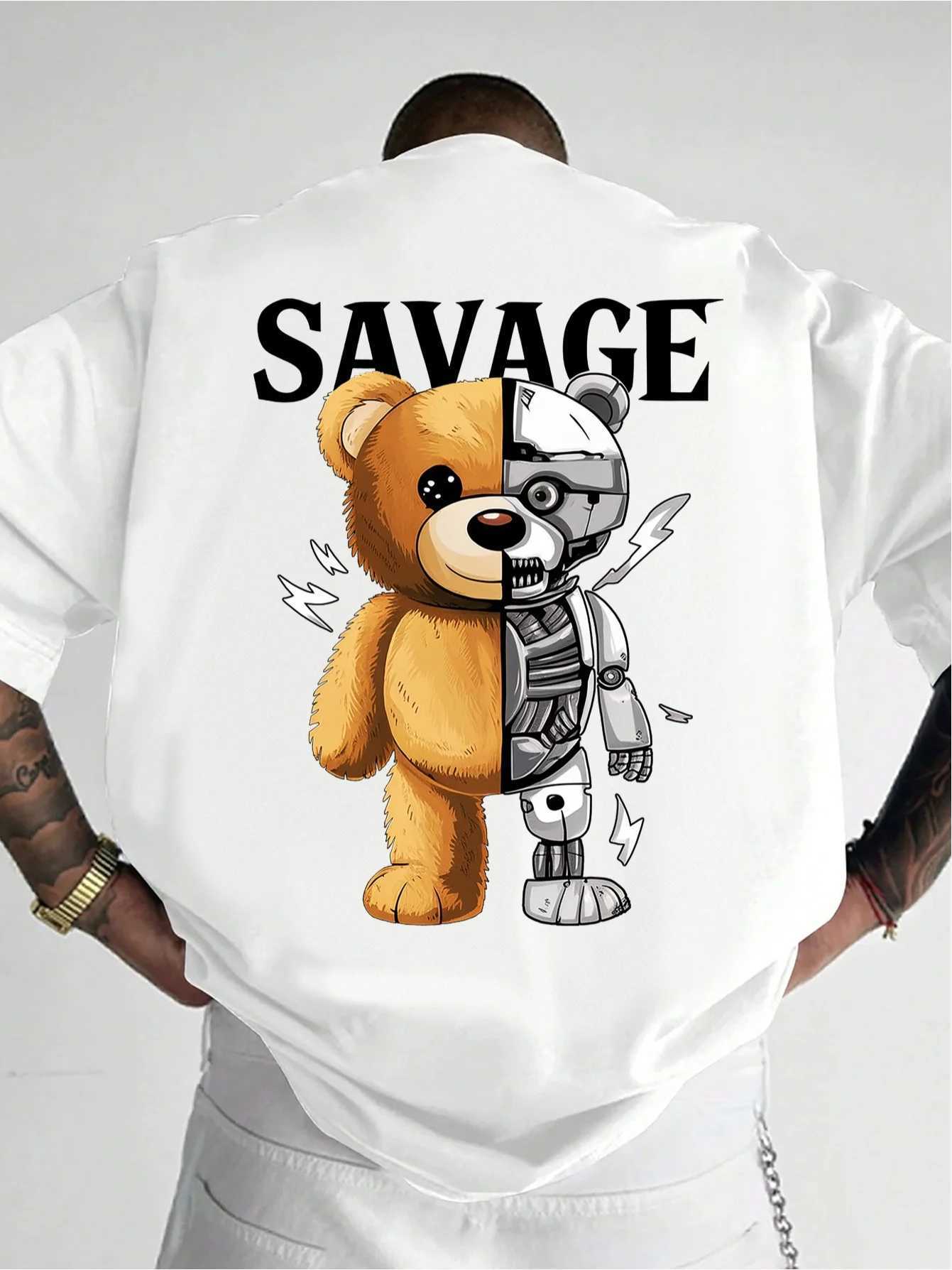 Summer Men Cyber Future Mechano Cartoon Bear Letter T-shirt Street Fashion Loose Fit 100 Cotton Suitable for Daily Casual Wear M260317