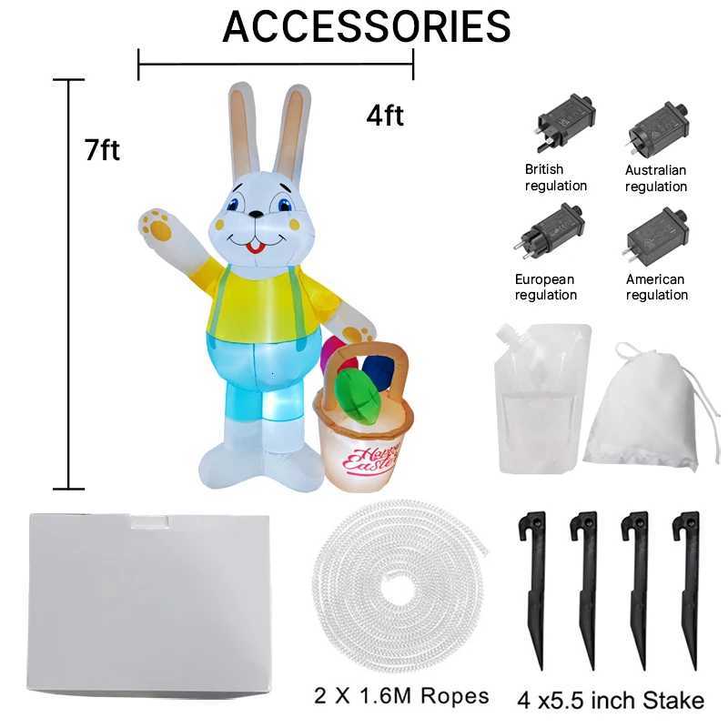 7FT Easter Inflatable Rabbit Carry Basket Decor LED Lights Festive Airblown Yard Ornament Easter Decorations Easter Inflatable H260316