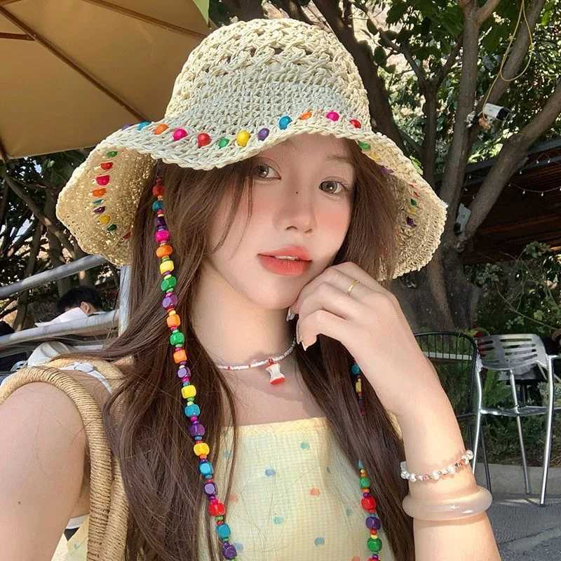 1Pcs Women Crochet Straw Bucket Hat-Colorful Beaded Sun HatTrendy Summer Beach/Outdoor Travel Headwear Hats for Women H260317 - view 3