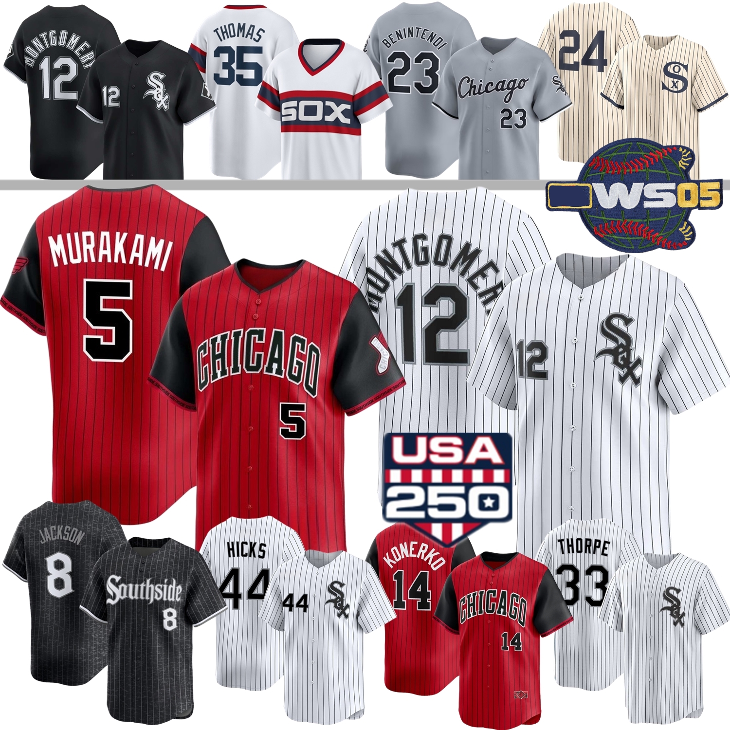 2026 White Sox Baseball Jersey Colson Montgomery Munetaka Murakami Kyle Teel Drew Thorpe Hicks Edgar Quero Andrew Benintendi Bo Jackson Pierzynski Joe Crede Uribe