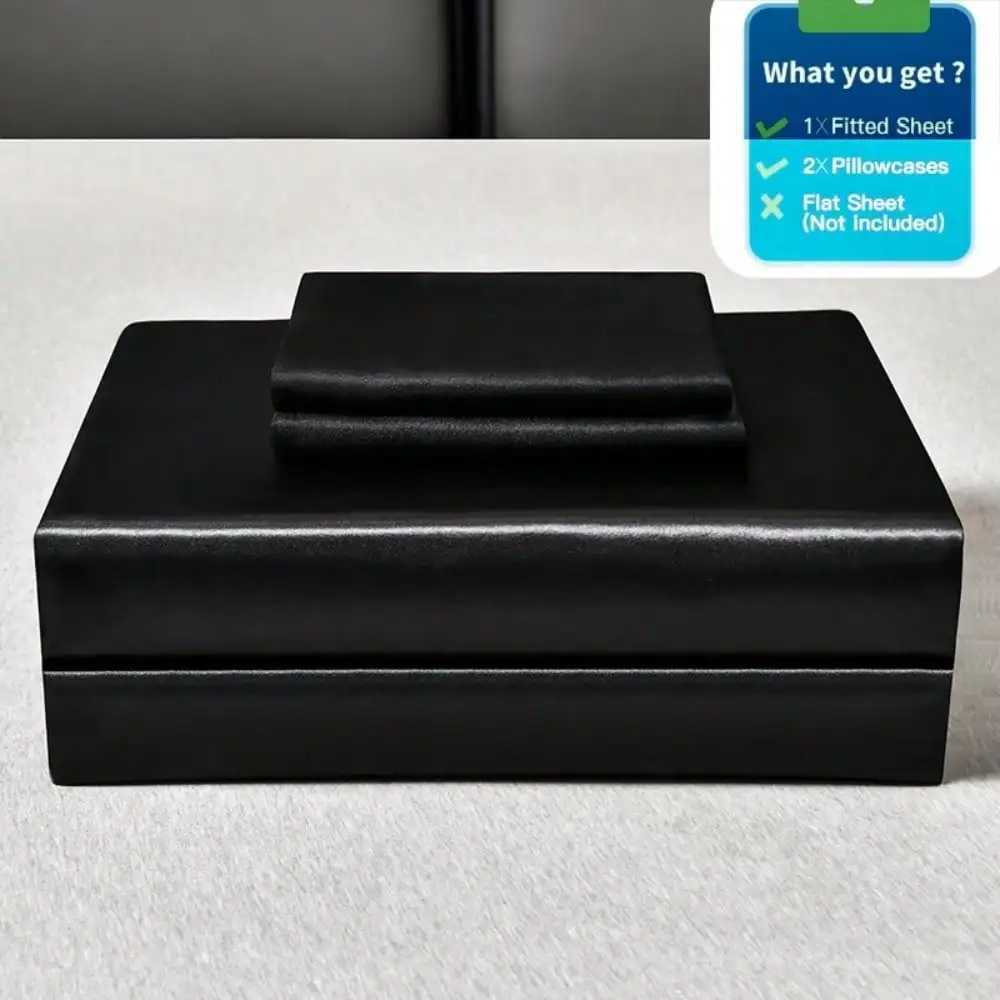 2/3pcs Luxurious Solid Silky Satin Fitted Sheet With Pillowcases For Soft And Comfortable BeddingFor Bedrooms And Guest Rooms D260317